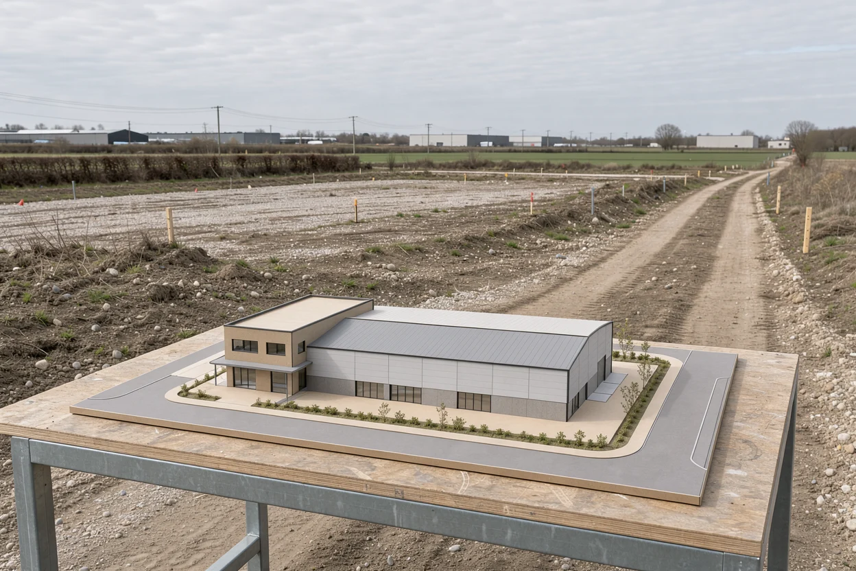 Bouwterrein met een nieuw bedrijfspand in voorbereiding